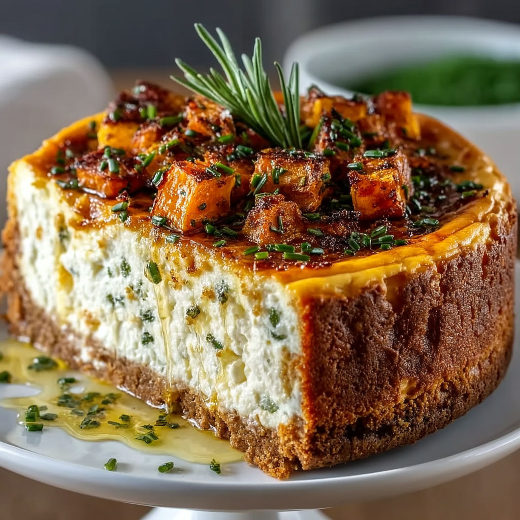 A slice of cheesecake with a sprig of rosemary on top.