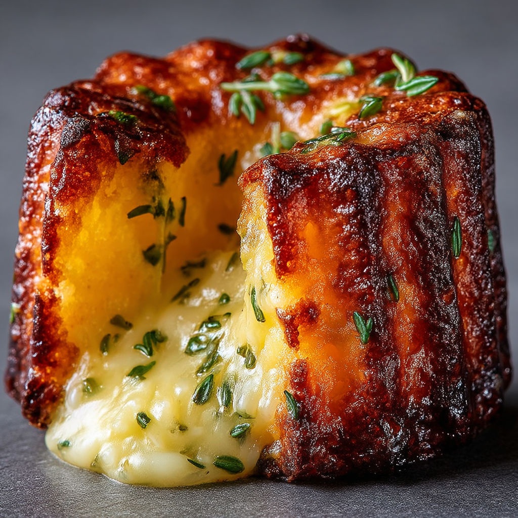 A slice of cannelé salé parmesan comté thym.