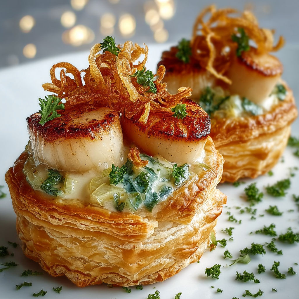 Two small pastries with seafood toppings.