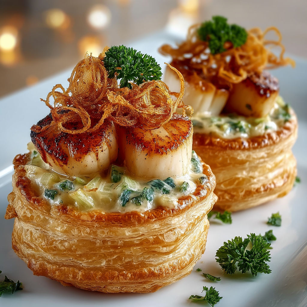 Two pastries with seafood toppings.