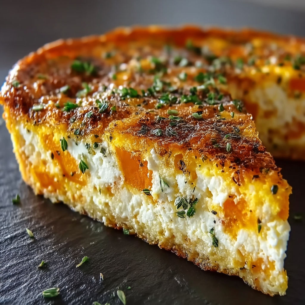 A slice of a quiche with courgettes and parmesan.