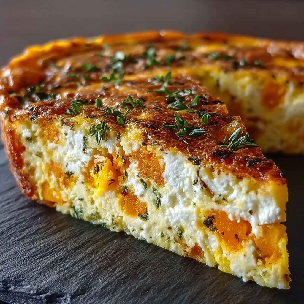 A slice of a quiche with courgettes and parmesan.