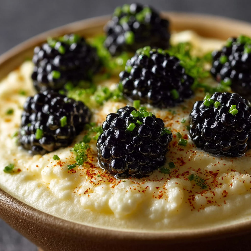A bowl of food with blackberries on top.