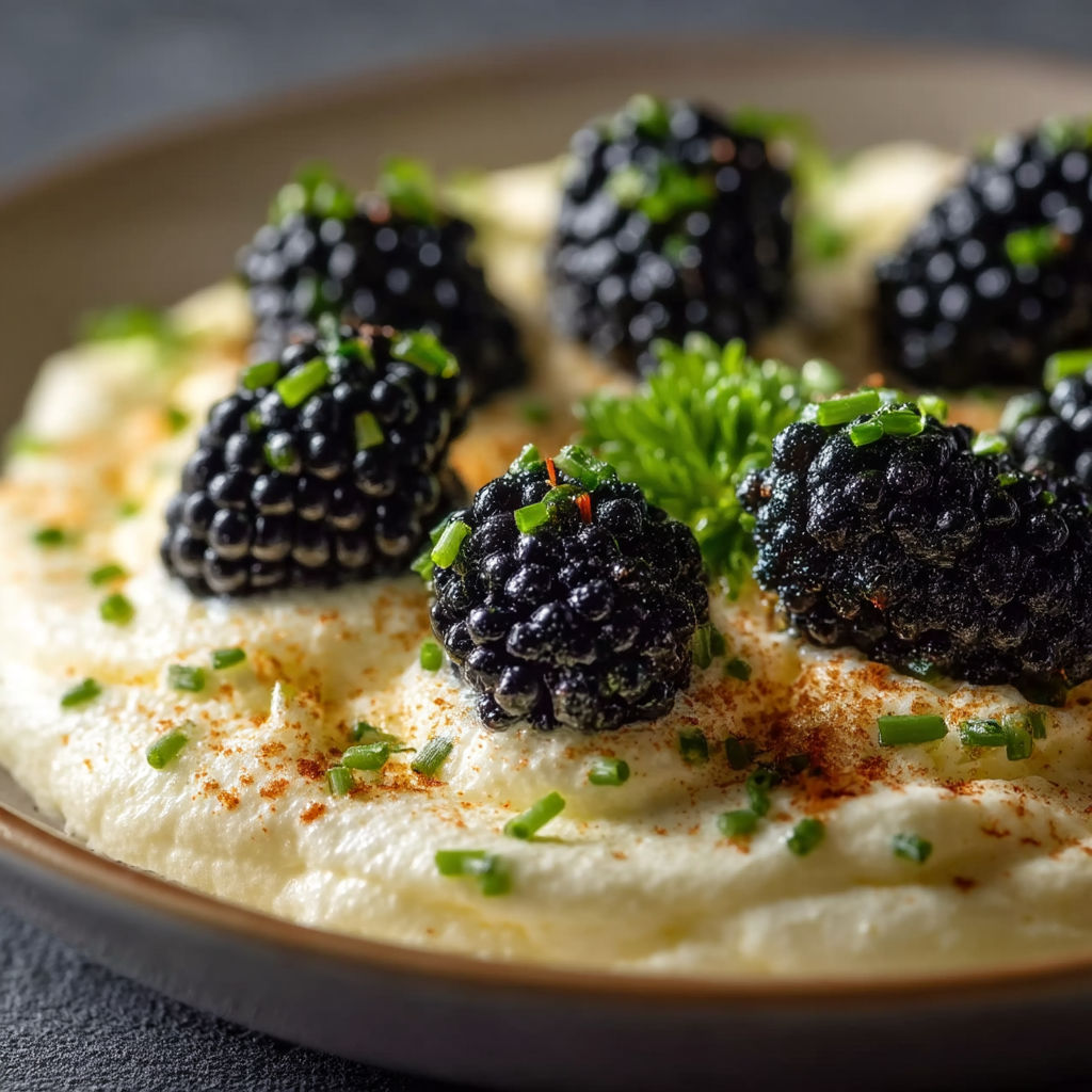 A plate of food with blackberries on top.
