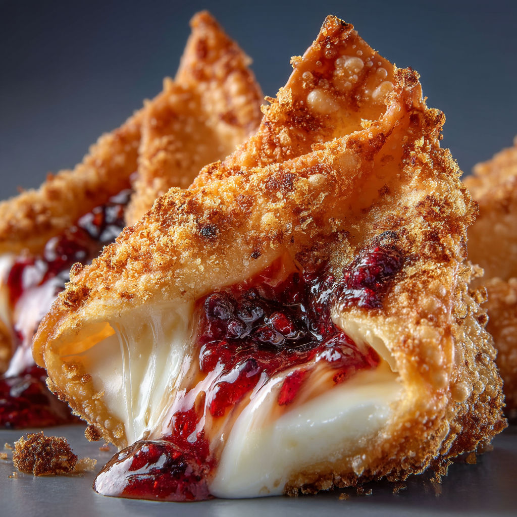 A fried pastry with cheese and cherries.