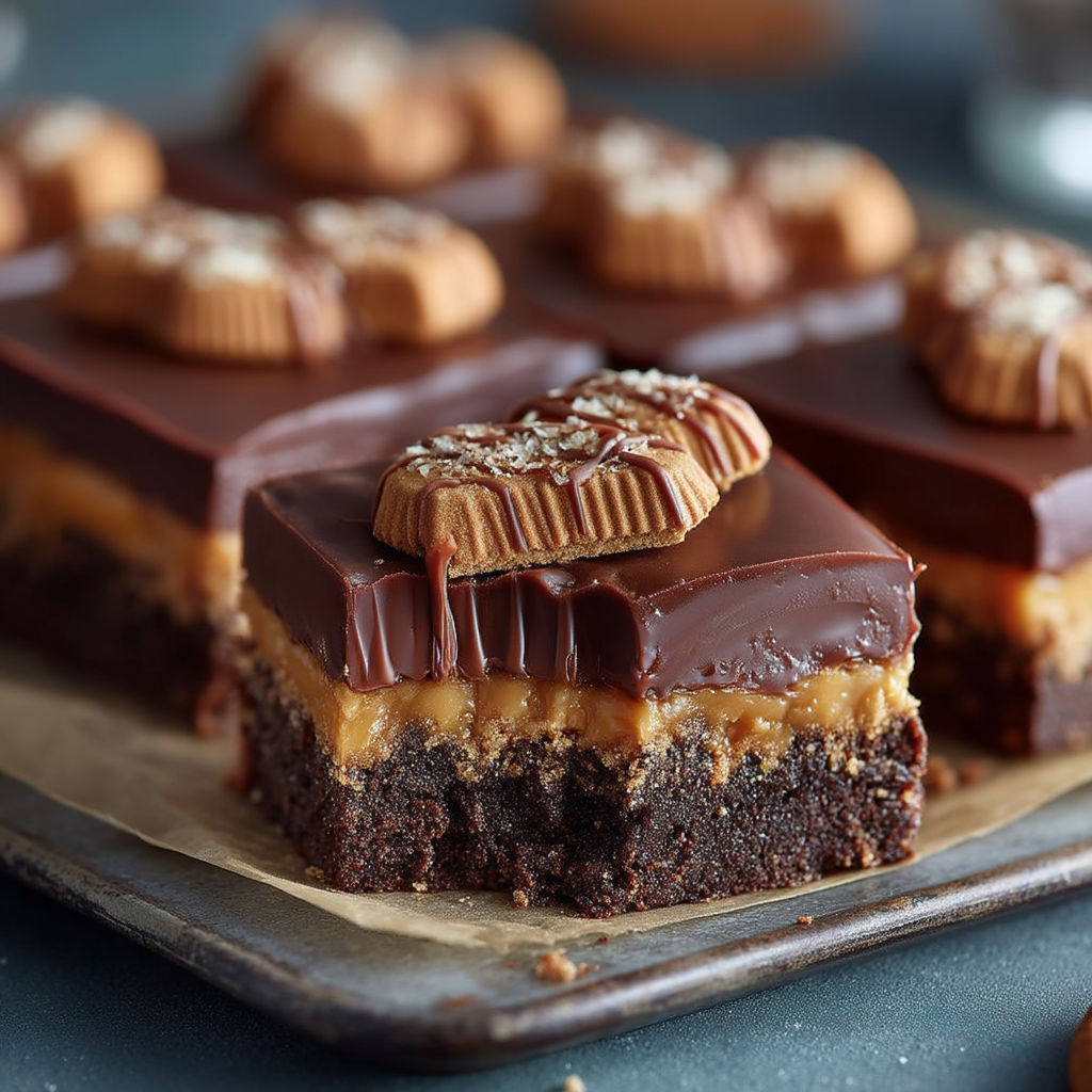 A tray of chocolate cake with peanut butter and caramel toppings.