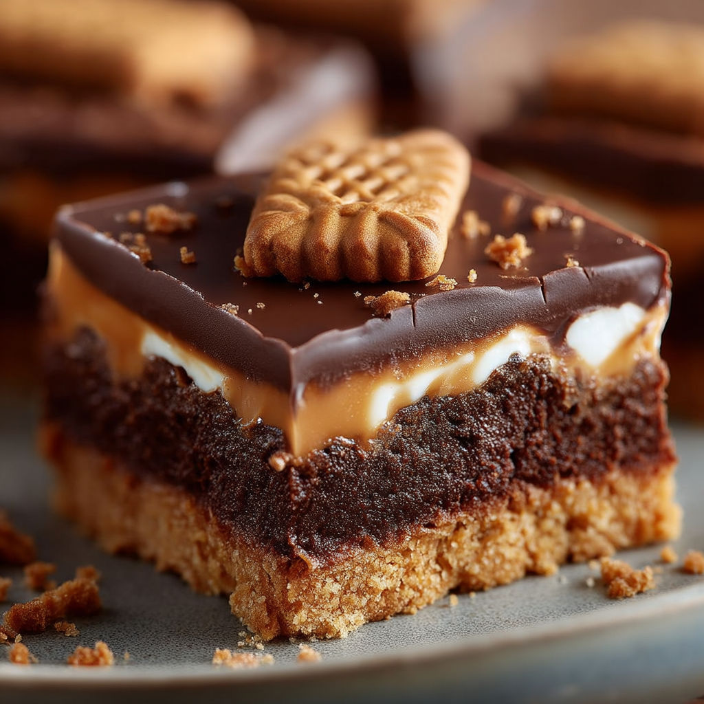 A piece of chocolate cake with a cookie on top.
