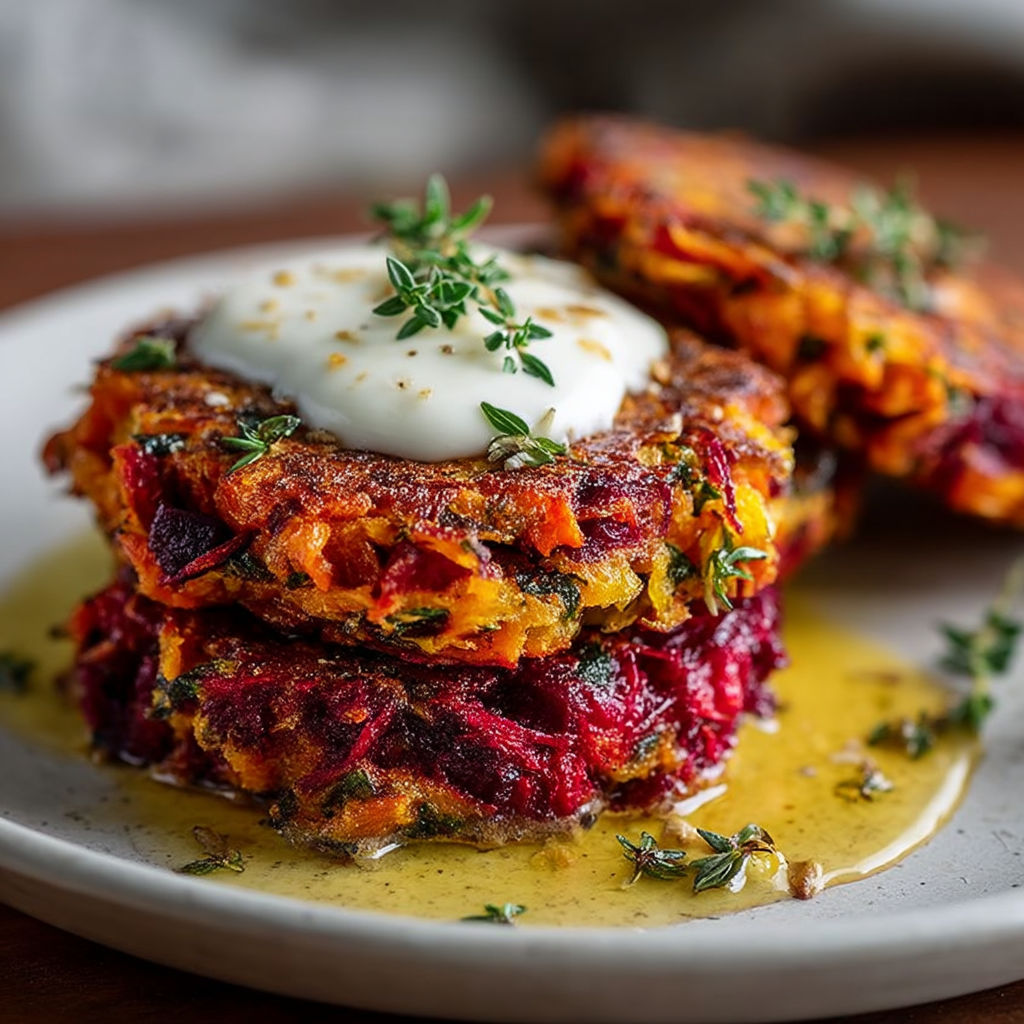 A stack of galette betterave carotte chèvre-miel.