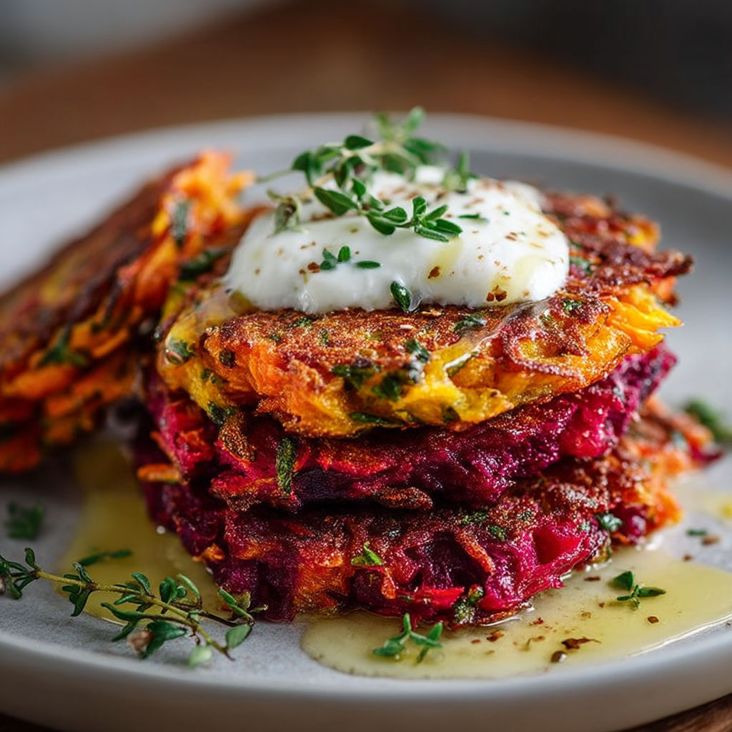 A stack of food with a white sauce on top.