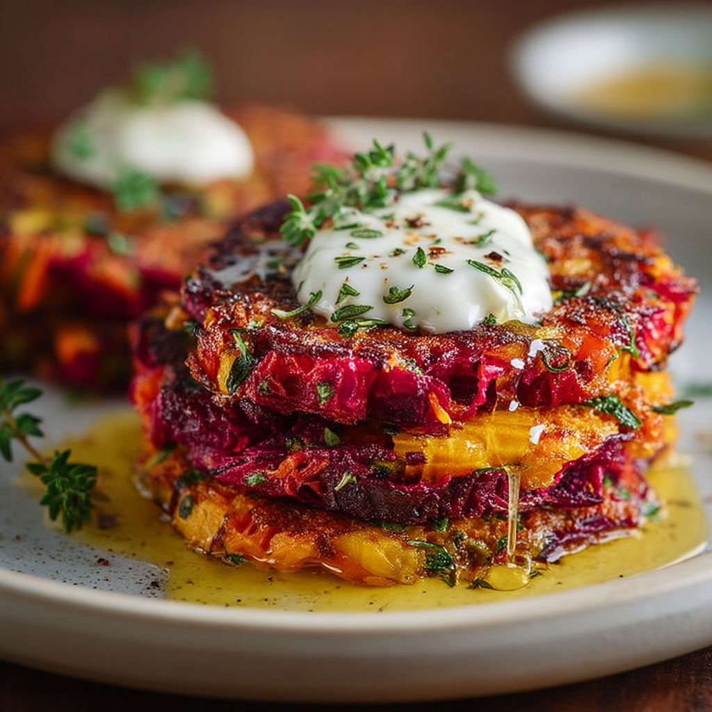 A stack of food with a white sauce on top.