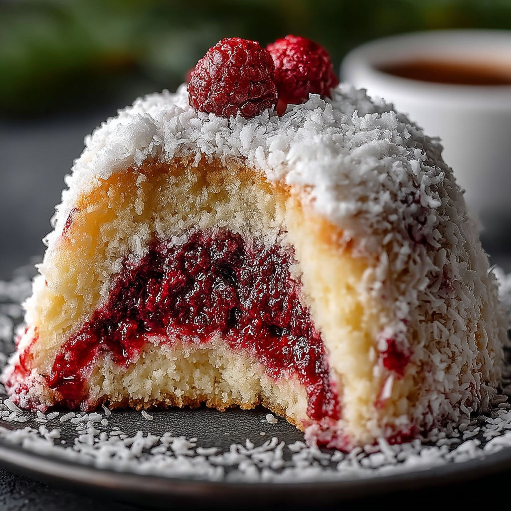 A slice of cake with raspberries on top.