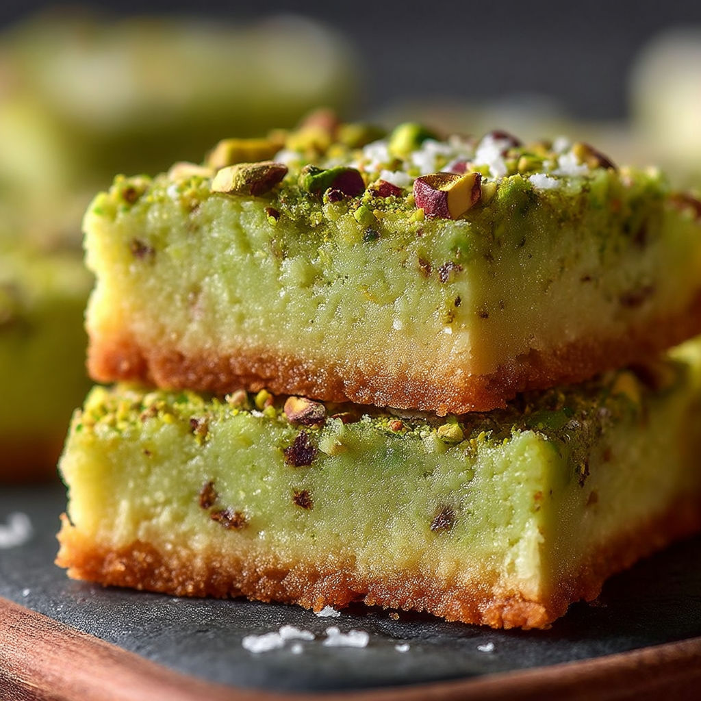 A stack of cookies with pistachio toppings.