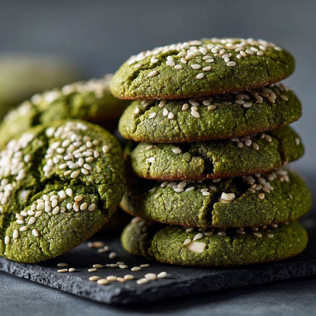 Green cookies with sesame seeds on a black tray.