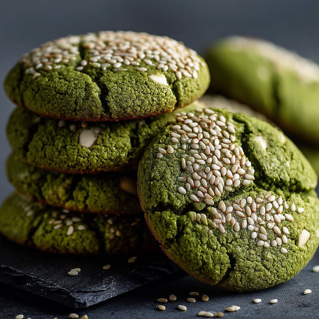 Green cookies with sesame seeds on top.