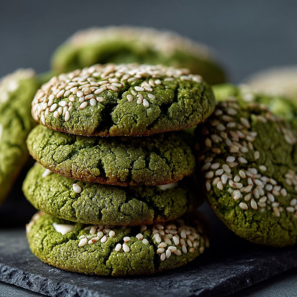 Green cookies with sesame seeds on a black surface.