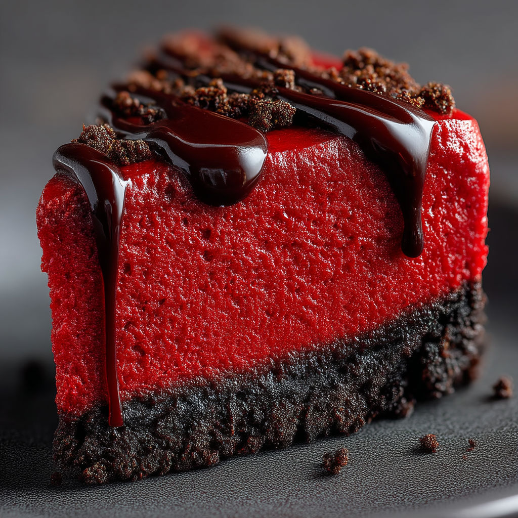 A slice of red velvet cheesecake with chocolate drizzle.