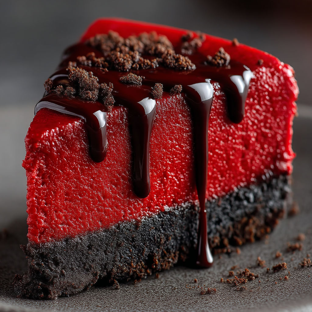A slice of red velvet cake with chocolate drizzle.
