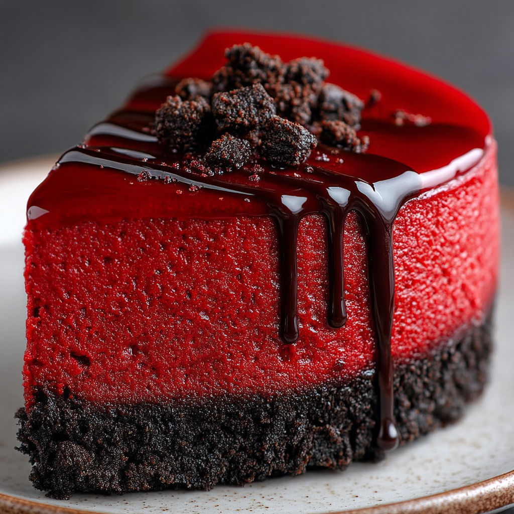 A slice of red velvet cake with chocolate drizzle.