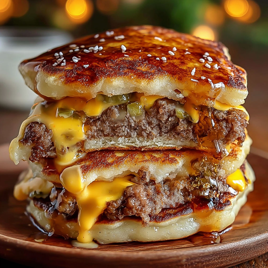A stack of pancakes with cheese and bacon on top.