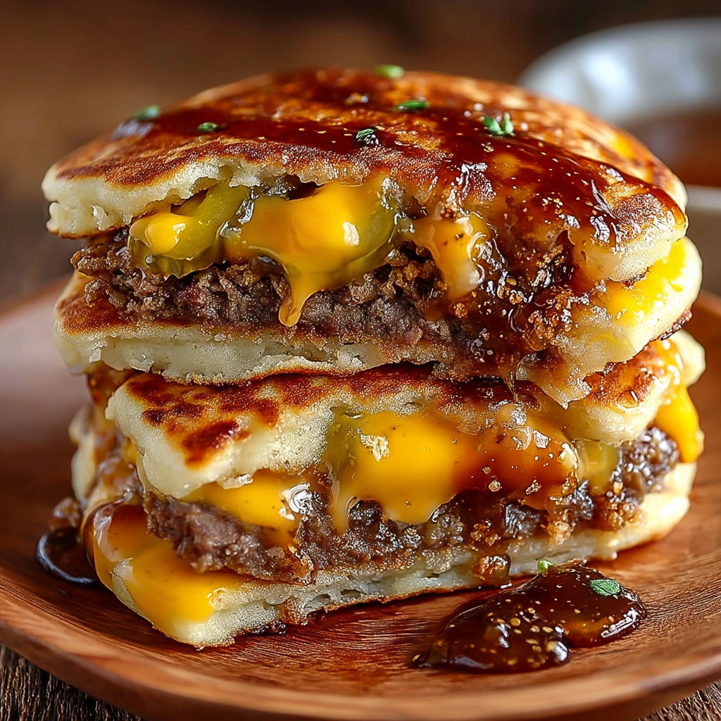 A stack of pancakes with a burger on top.