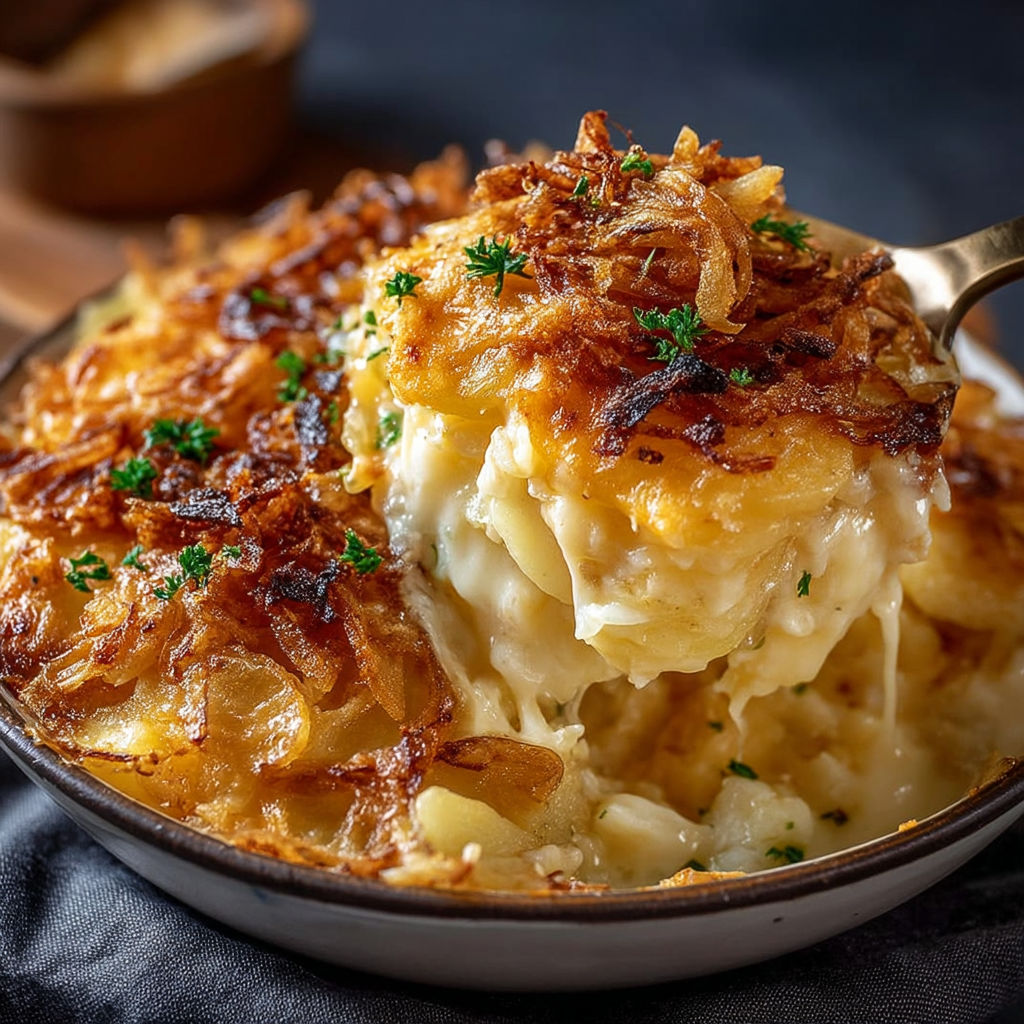 A dish of gratin de pommes de terre à l'oignon caramélisé.