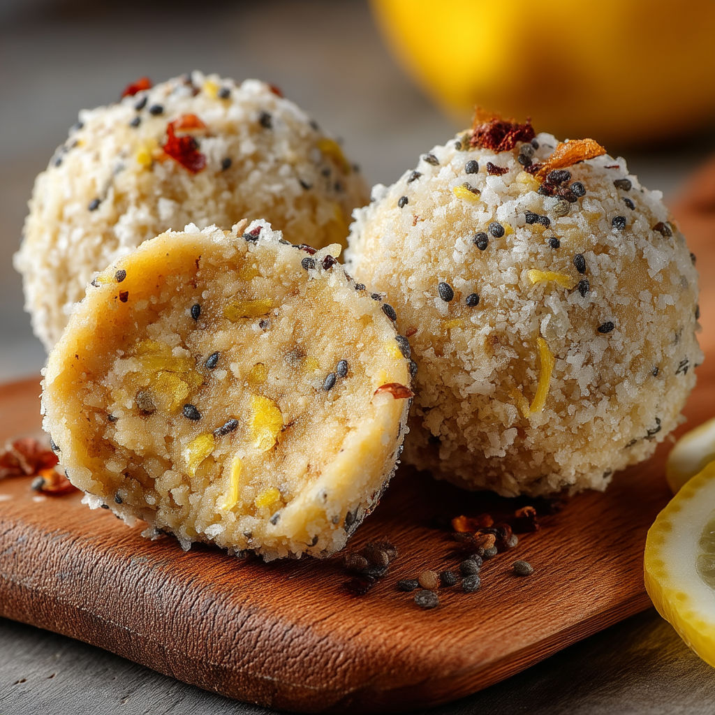 Three balls of food on a wooden board.
