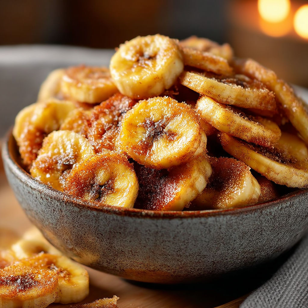 A bowl of banana chips with sugar and cinnamon.