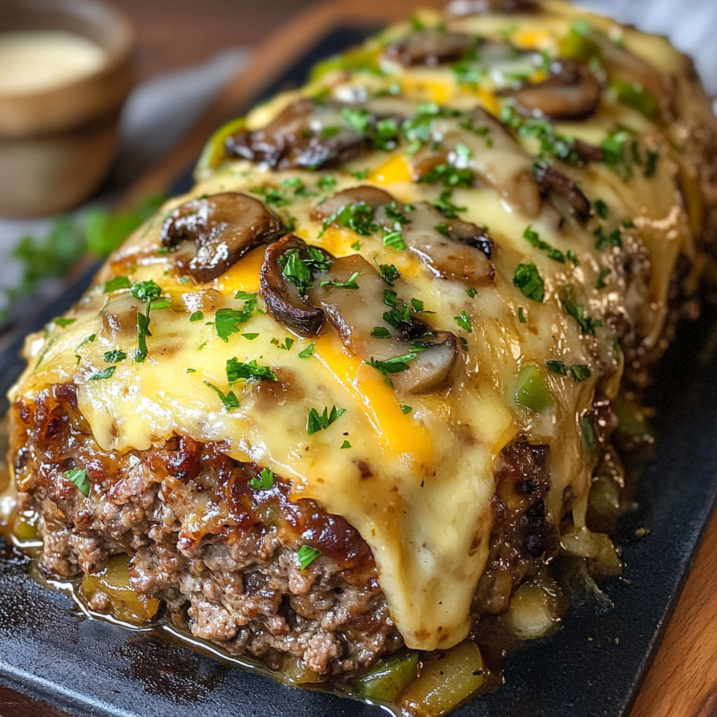 A delicious looking meat dish with mushrooms on top.