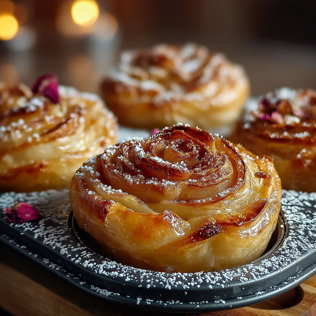 A plate of pastries with sugar and rose petals on top.