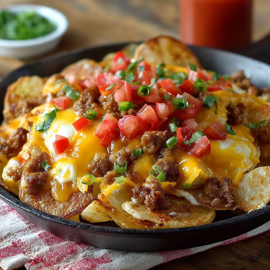 A delicious breakfast dish of nachos with potatoes, sausage and eggs.
