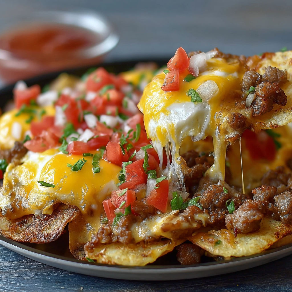 A plate of nachos with cheese and eggs.