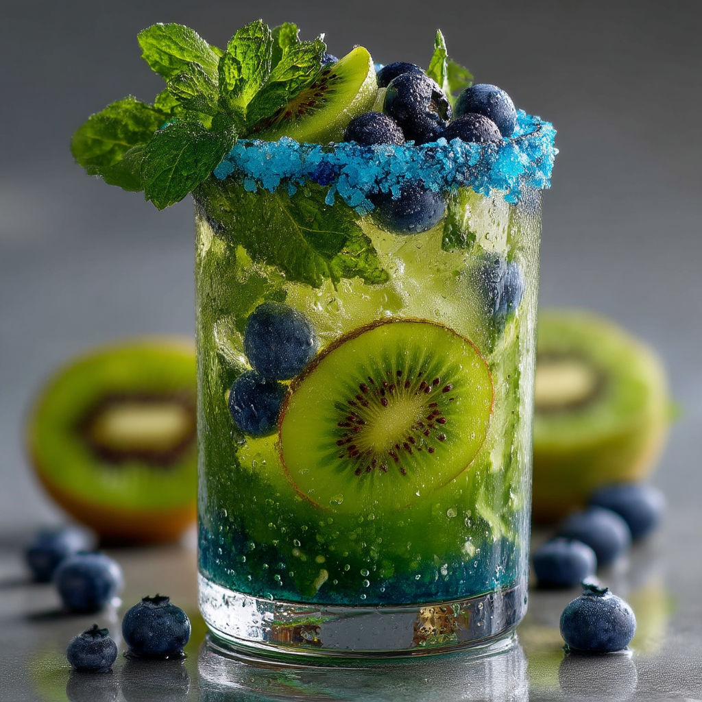 A glass of green and blue drink with a slice of kiwi in it.