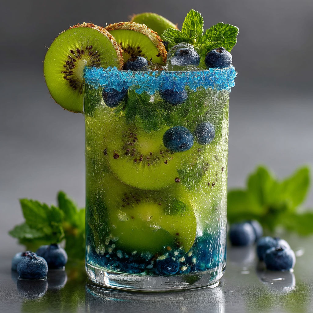 A glass of green drink with kiwi and blueberries.