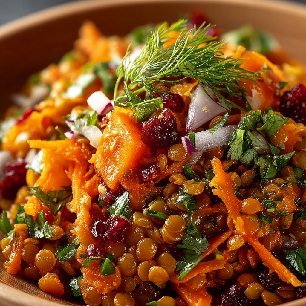 A bowl of salad with carrots and lentils.