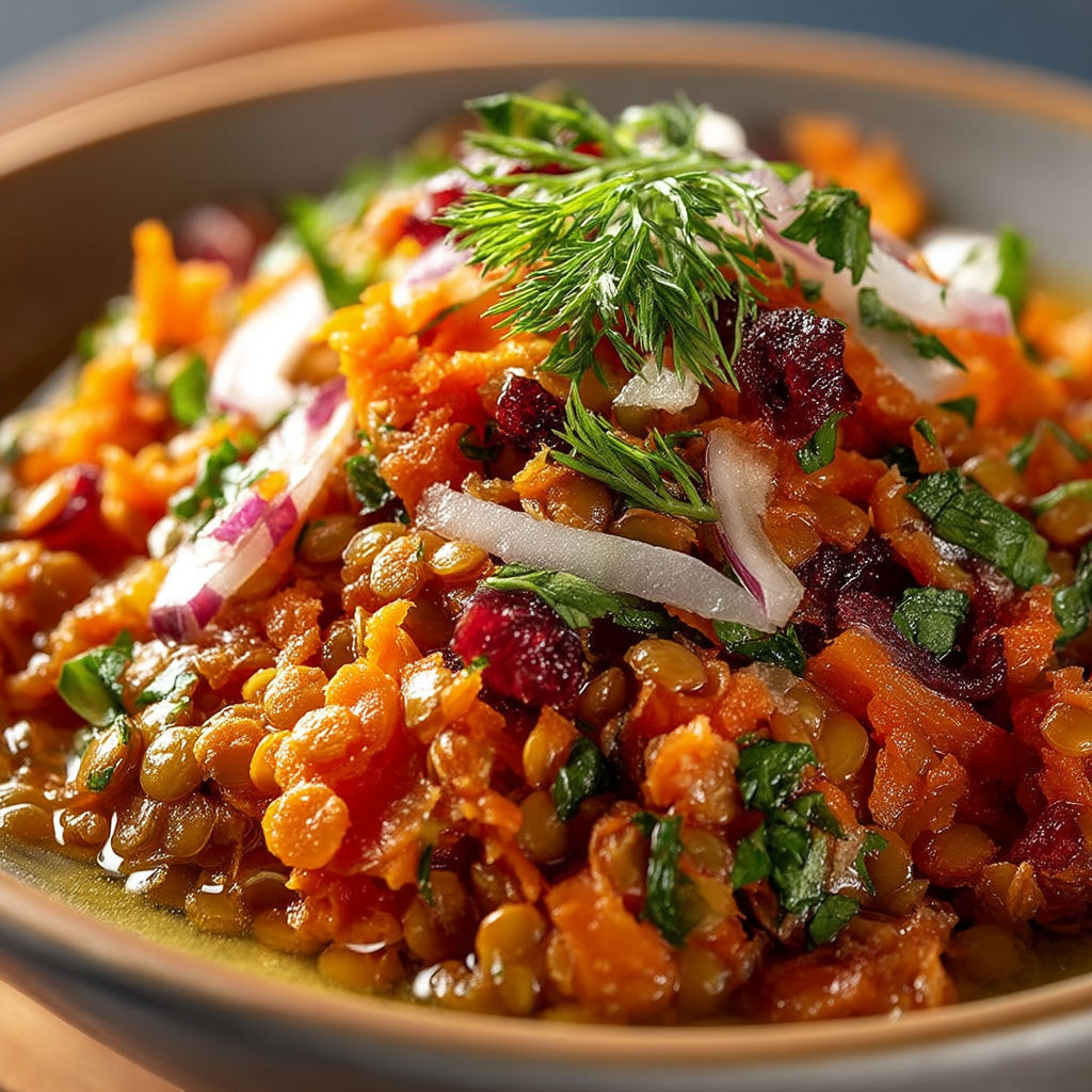 A bowl of food with a green garnish.