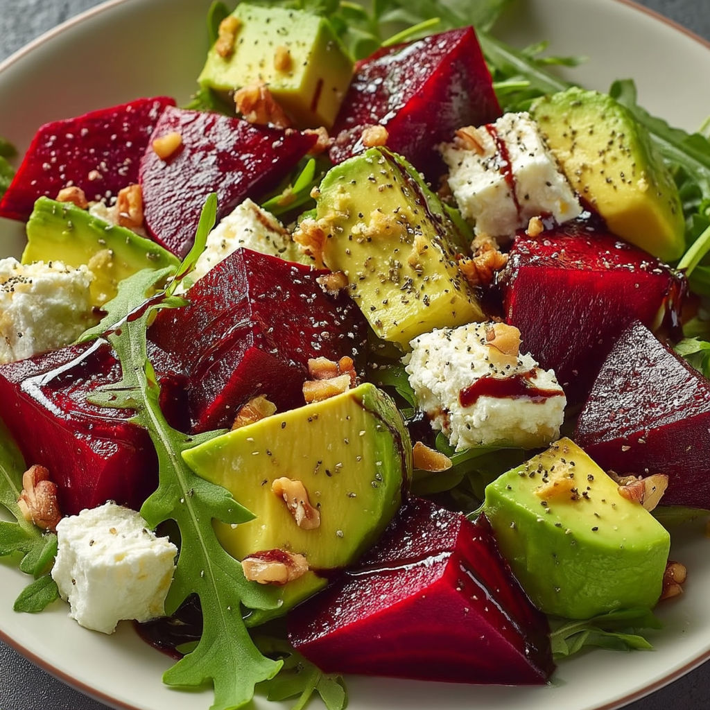 A plate of salad with beets, avocado, and feta cheese.