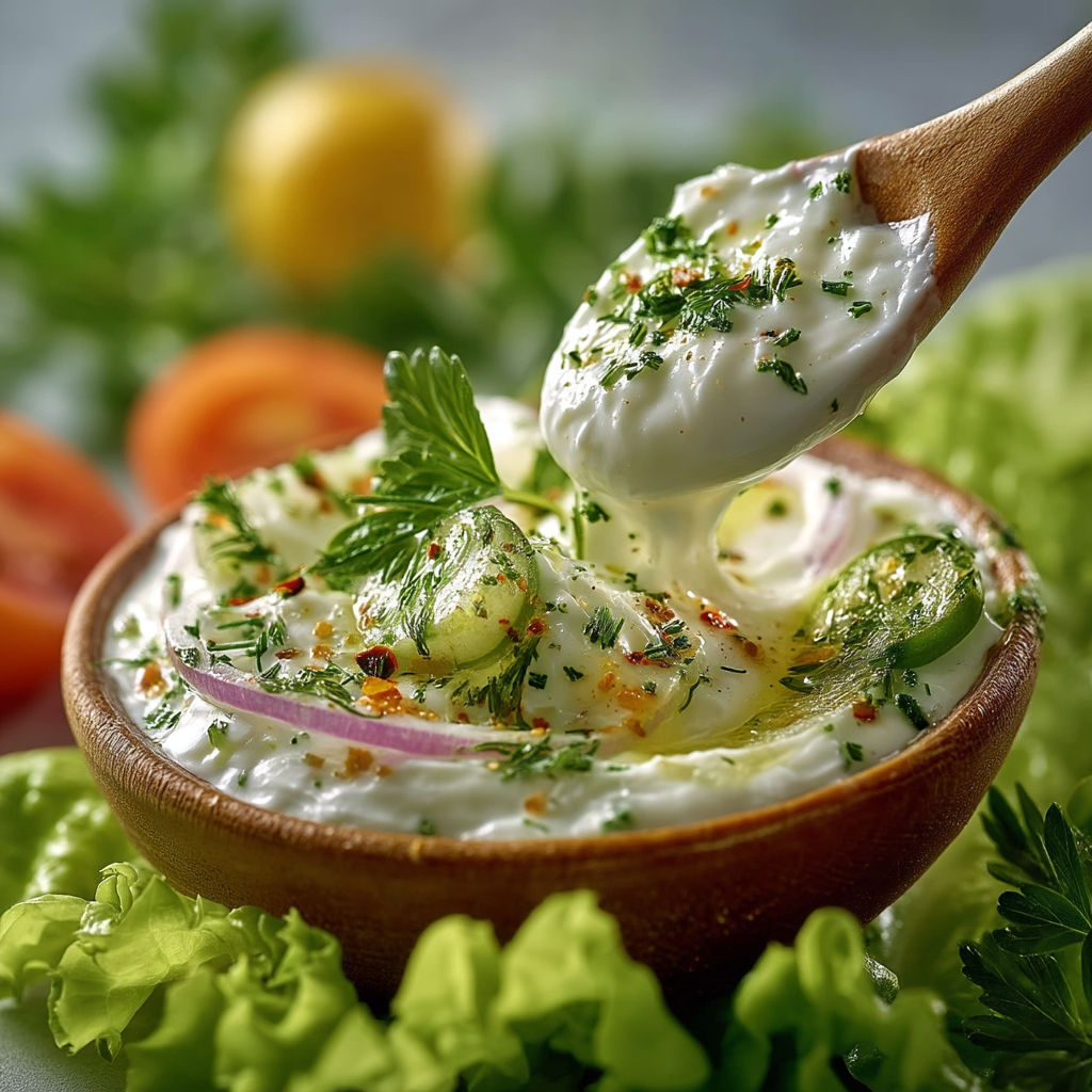A wooden bowl filled with a white sauce and vegetables.