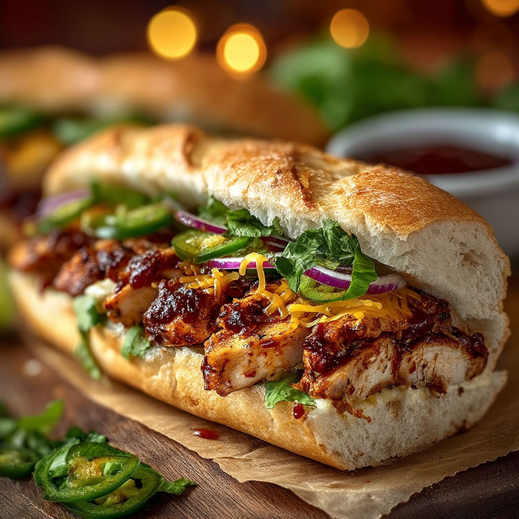 A sandwich with meat and vegetables on a table.
