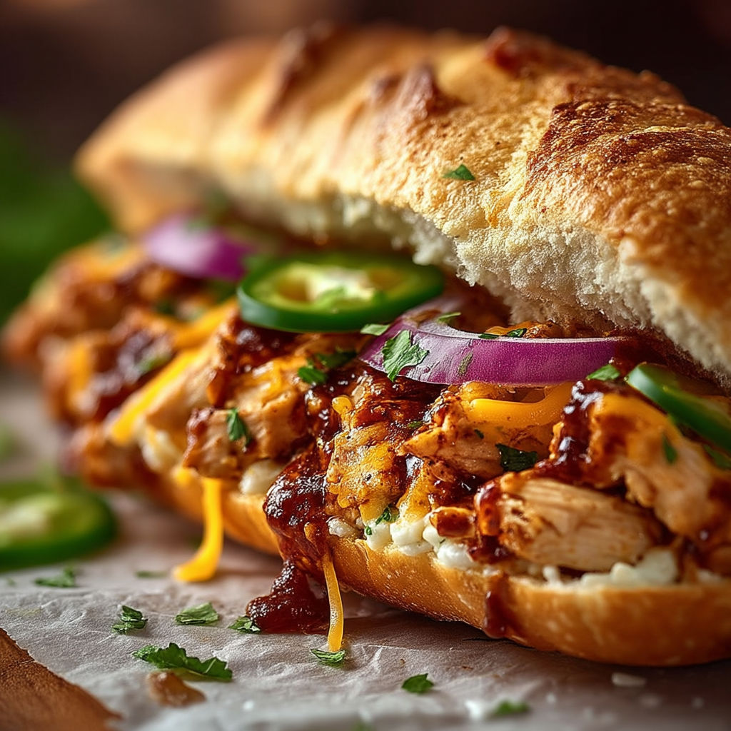 A sandwich with meat, cheese, and vegetables.