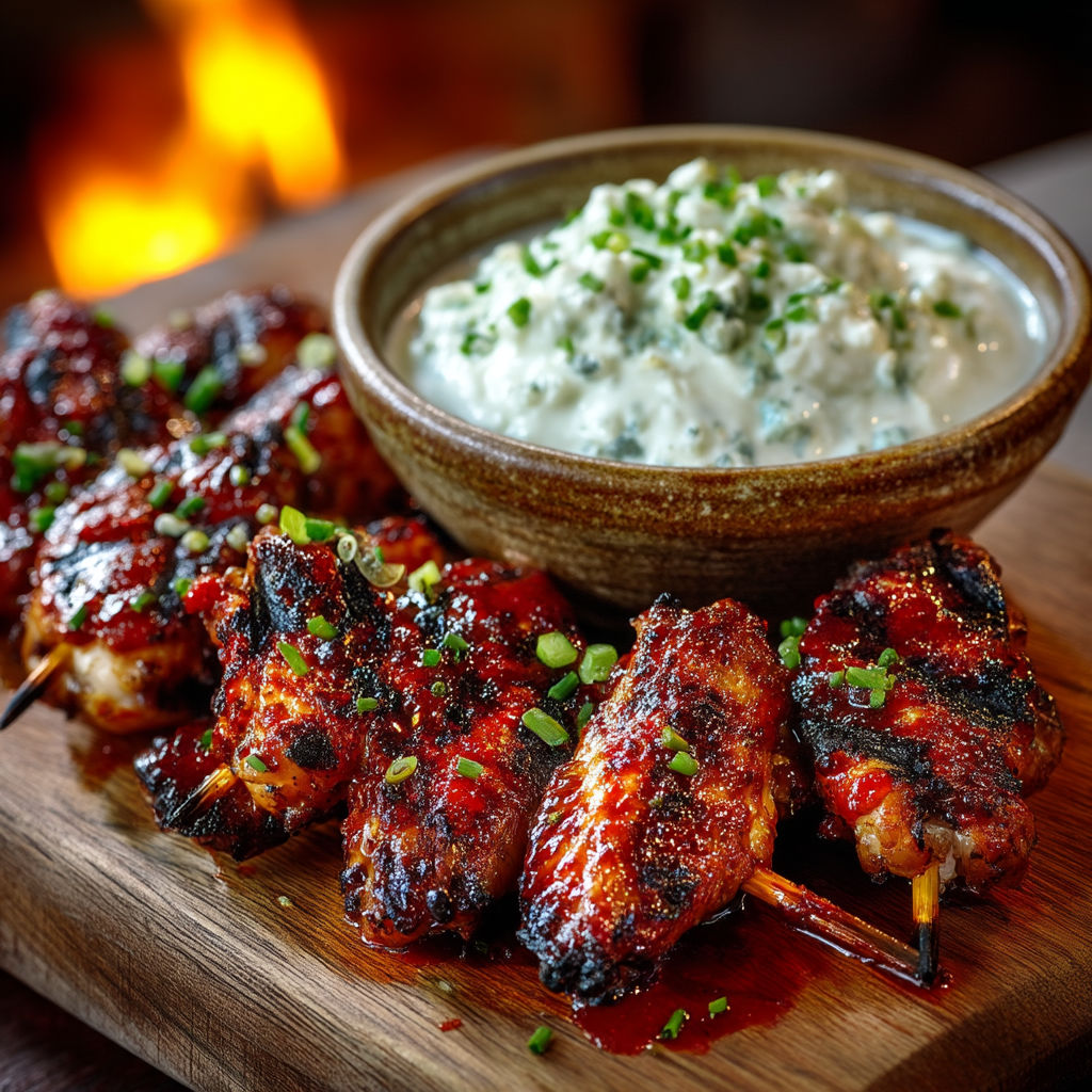 A plate of chicken wings with blue dip.
