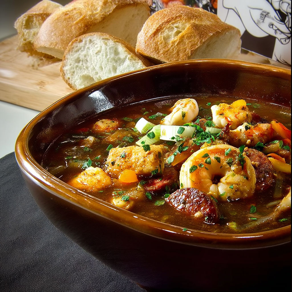 A bowl of soup with shrimp and vegetables.