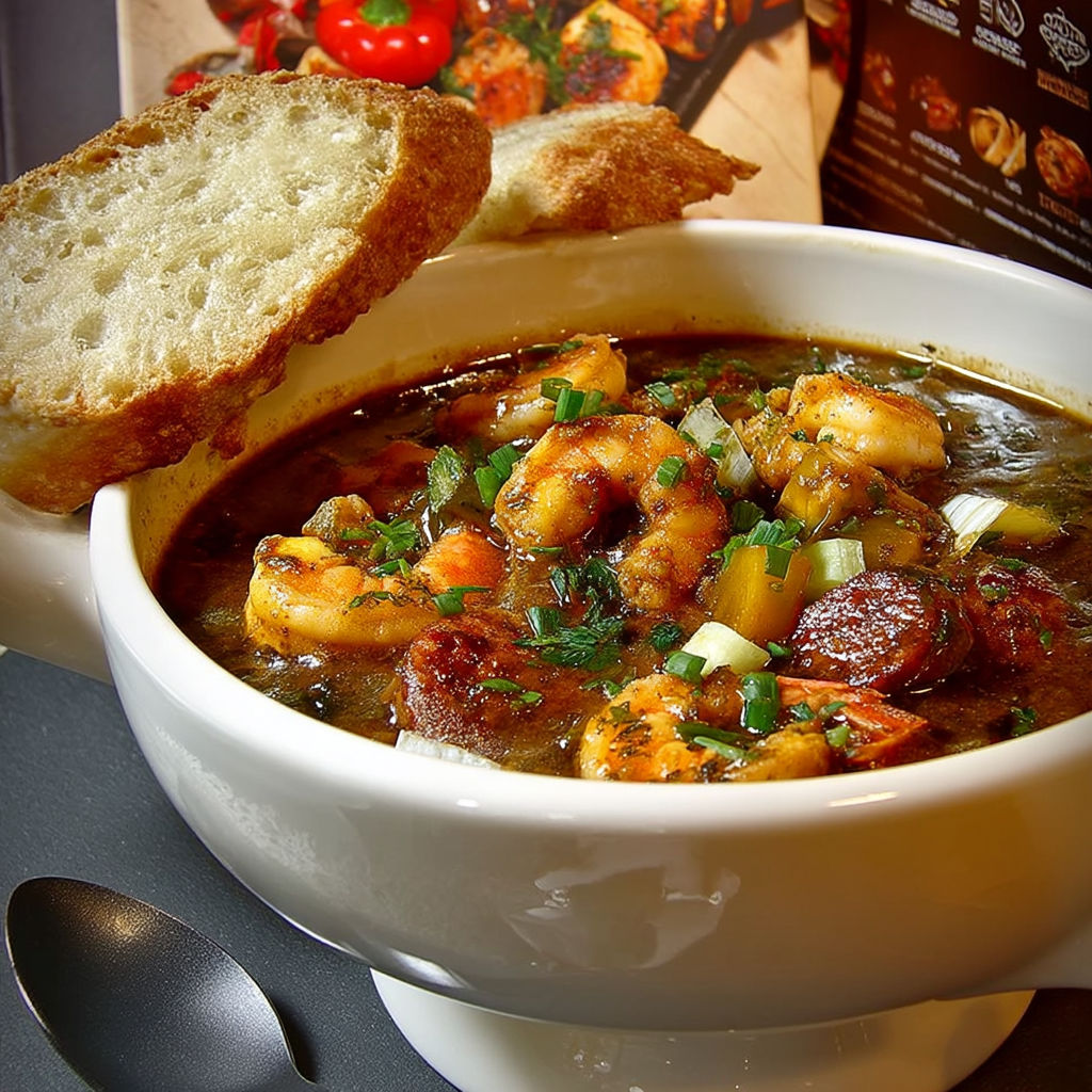 A bowl of soup with shrimp and vegetables.