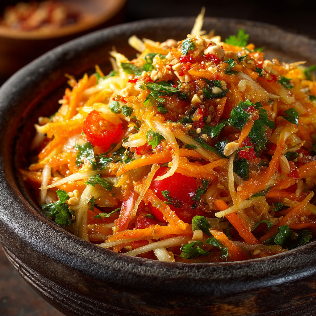 A bowl of salade de papaye verte.