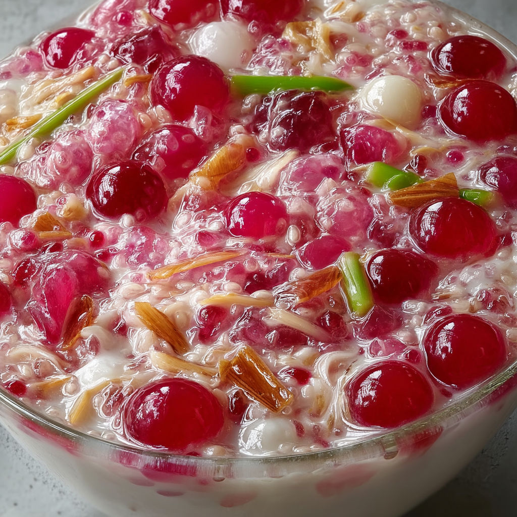 A bowl of food with cherries and nuts.