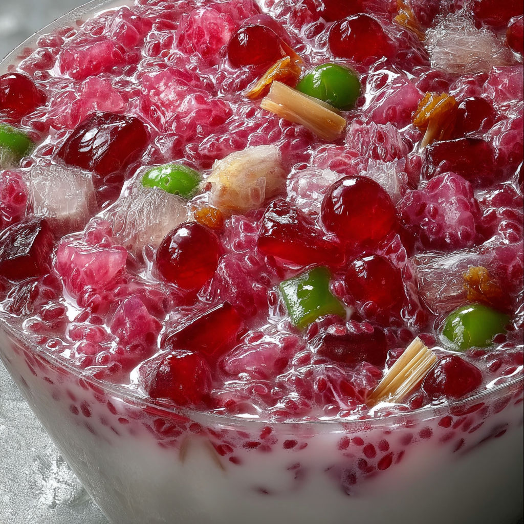 A bowl of red jello with green and red fruit.