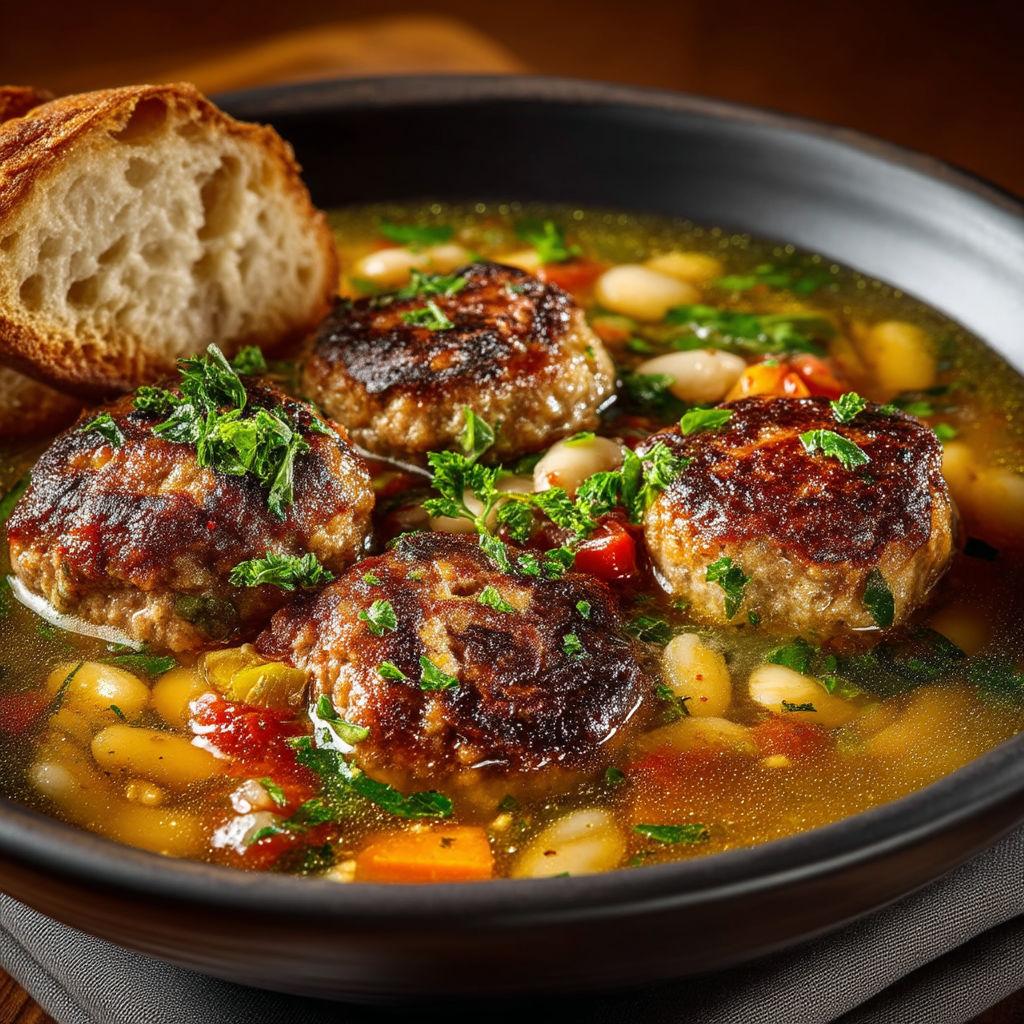 A bowl of soup with meatballs and bread.