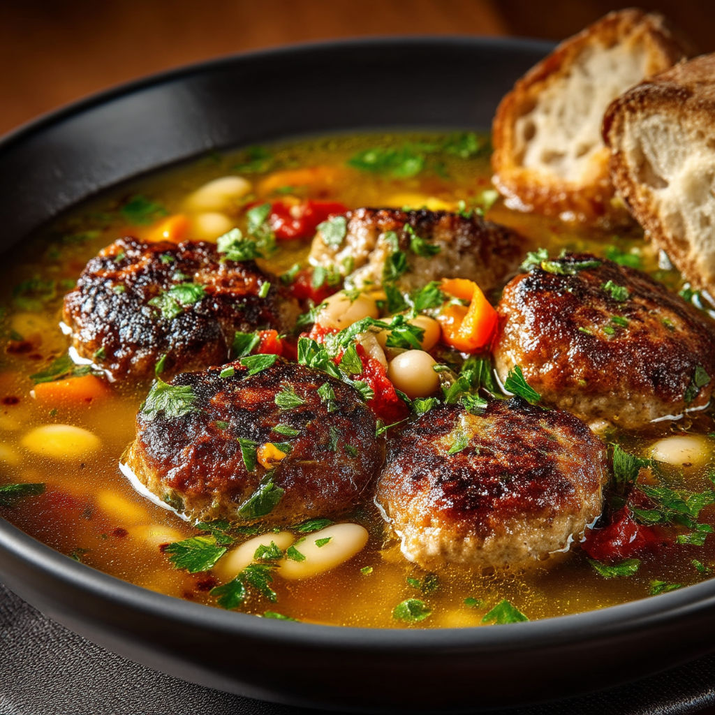 A bowl of soup with meatballs and bread.