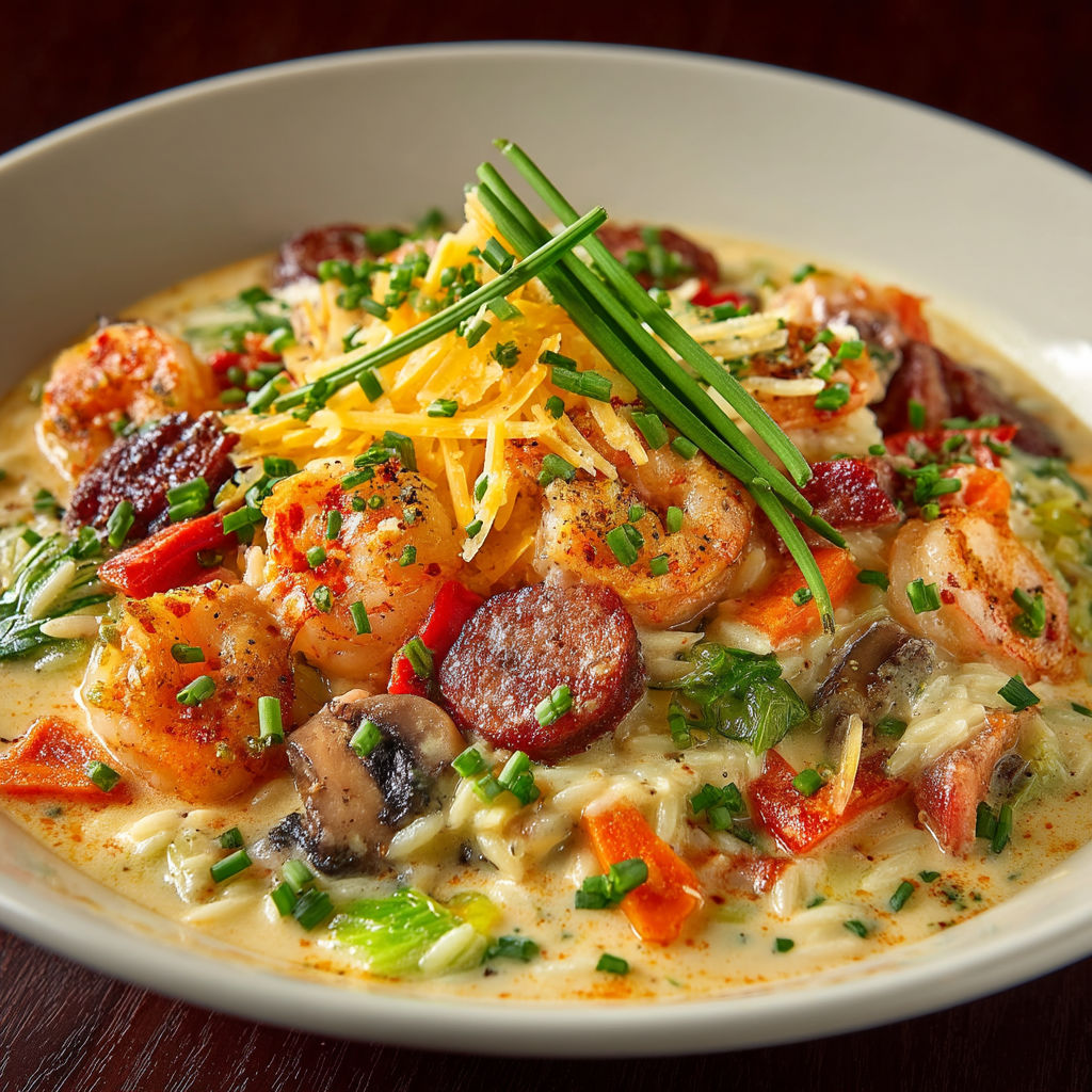 A bowl of soup with shrimp, mushrooms, and other vegetables.