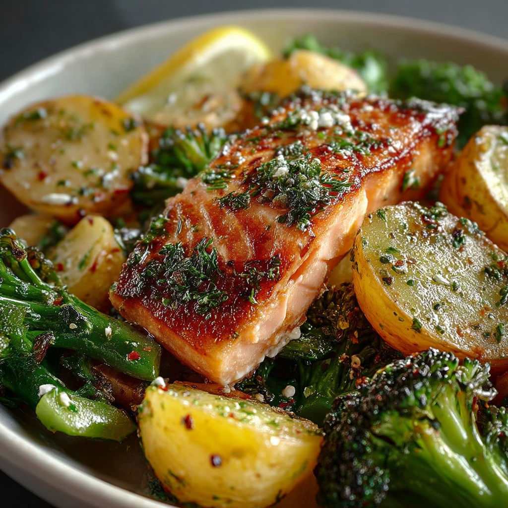 A bowl of food containing broccoli, potatoes, and salmon.