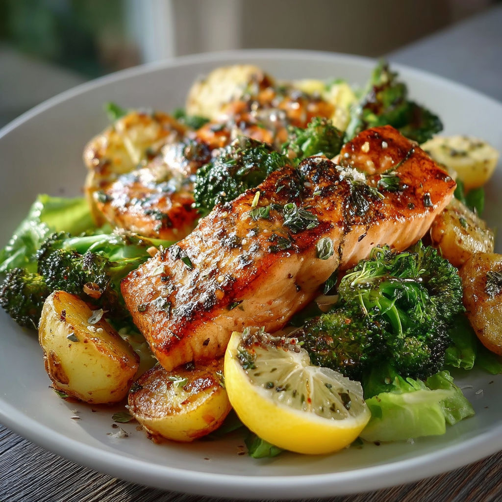 A plate of food with salmon, broccoli, and potatoes.